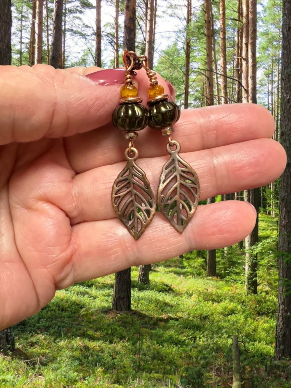 Czech Glass Leaf Earrings Copper Filigree Moss Green Dangle